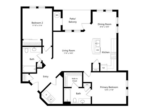 Floor plan for 2 beds, 2 baths, 1151 sqft